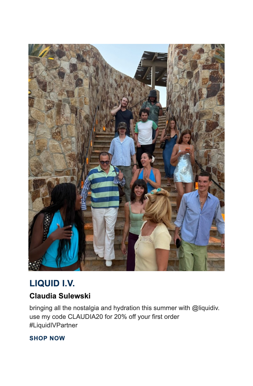 Exact current ad creative for Liquid I.V. pairs Claudia Sulewski with code CLAUDIA20 for 20% off a first order