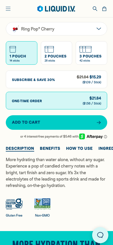 The exact paid page showed Ring Pop Cherry, one pouch, a one-time order at $21.84, and an enabled Add to Cart button